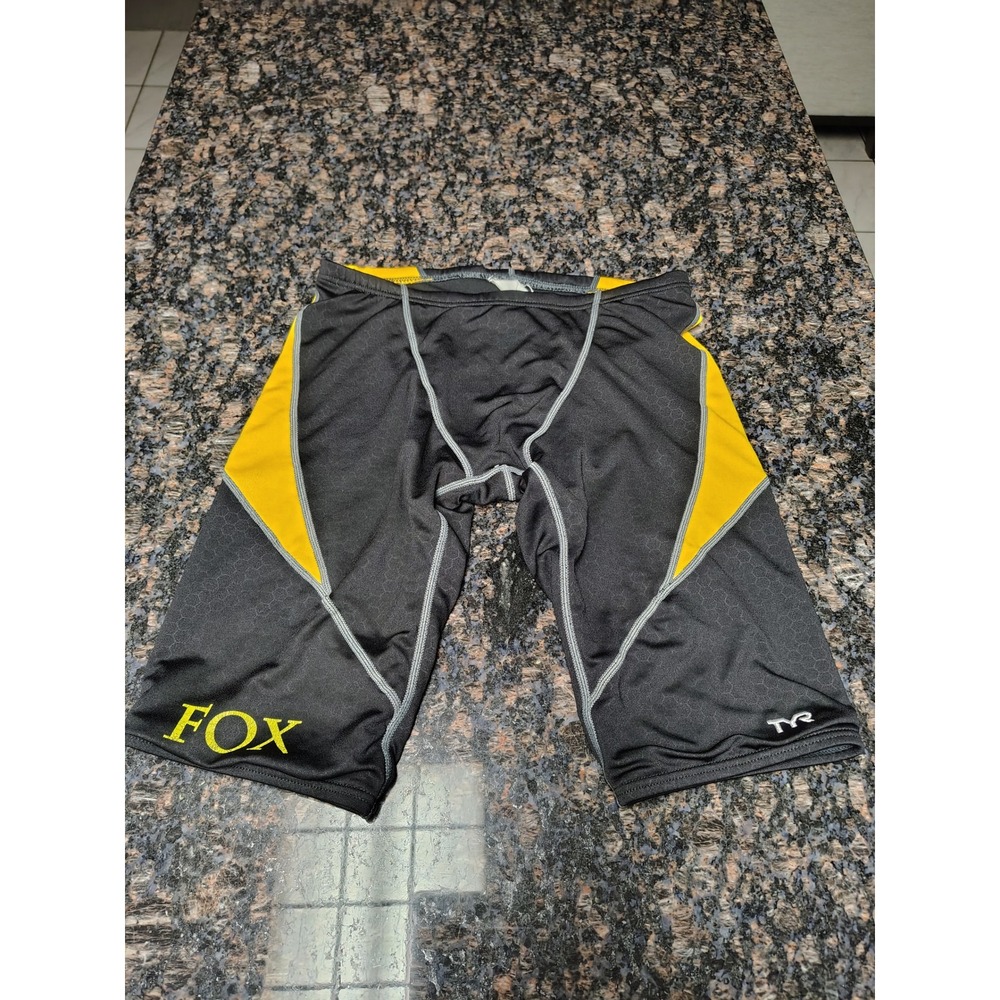 TYR Mens Jammer Swim Shorts Black Yellow Honeycomb Texture Fox Graphic Size 28